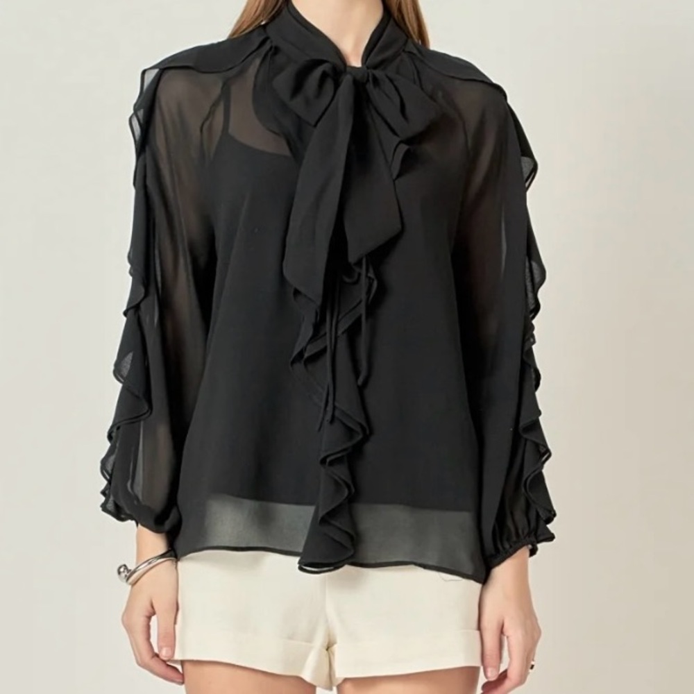 Endless Rose Black Sheer Blouse with Ruffle Details
